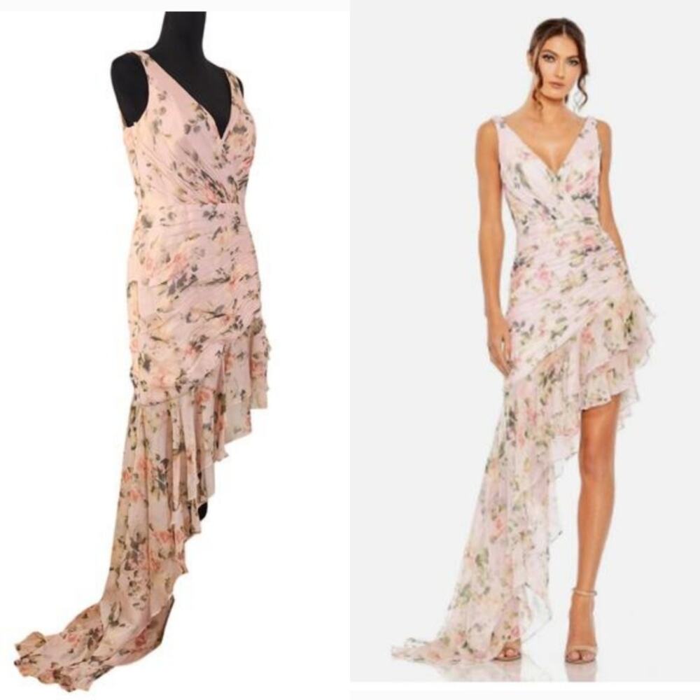 Mac Duggal Blush Floral High-Low Ruffle Evening Gown